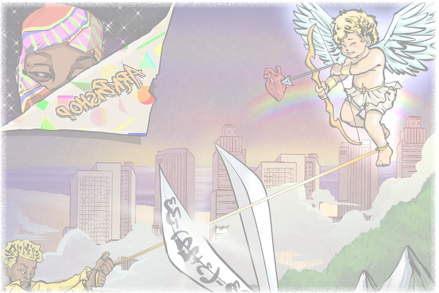 A stylized illustration shows a person holding a fishing rod with a heart-shaped lure aimed at a winged cherub holding a bow and arrow, set against a city skyline with clouds and a rainbow. Description generated by AI
