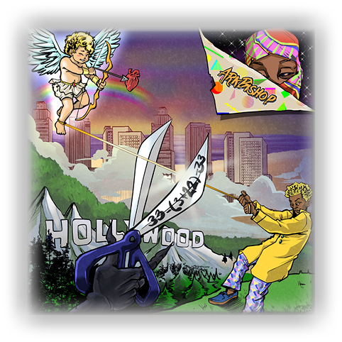 A colorful cartoon scene shows a person in a yellow coat pulling a giant pair of scissors cutting a string tied to a flying cupid holding a heart-shaped arrow, set against a city skyline with a Hollywood sign and a comic-style inset of a person wearing a vibrant patterned headwrap. Description generated by AI