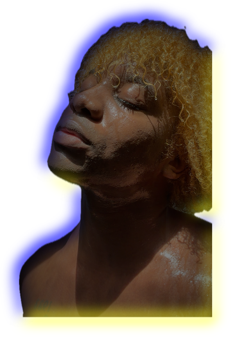 Person with curly blonde hair and a tattoo on the shoulder is shown from the neck down with a glistening bare upper body. Description generated by AI