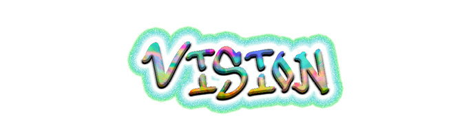 The word “VISION" is written in colorful, stylized letters with a glowing green and blue outline on a black background. Description generated by AI