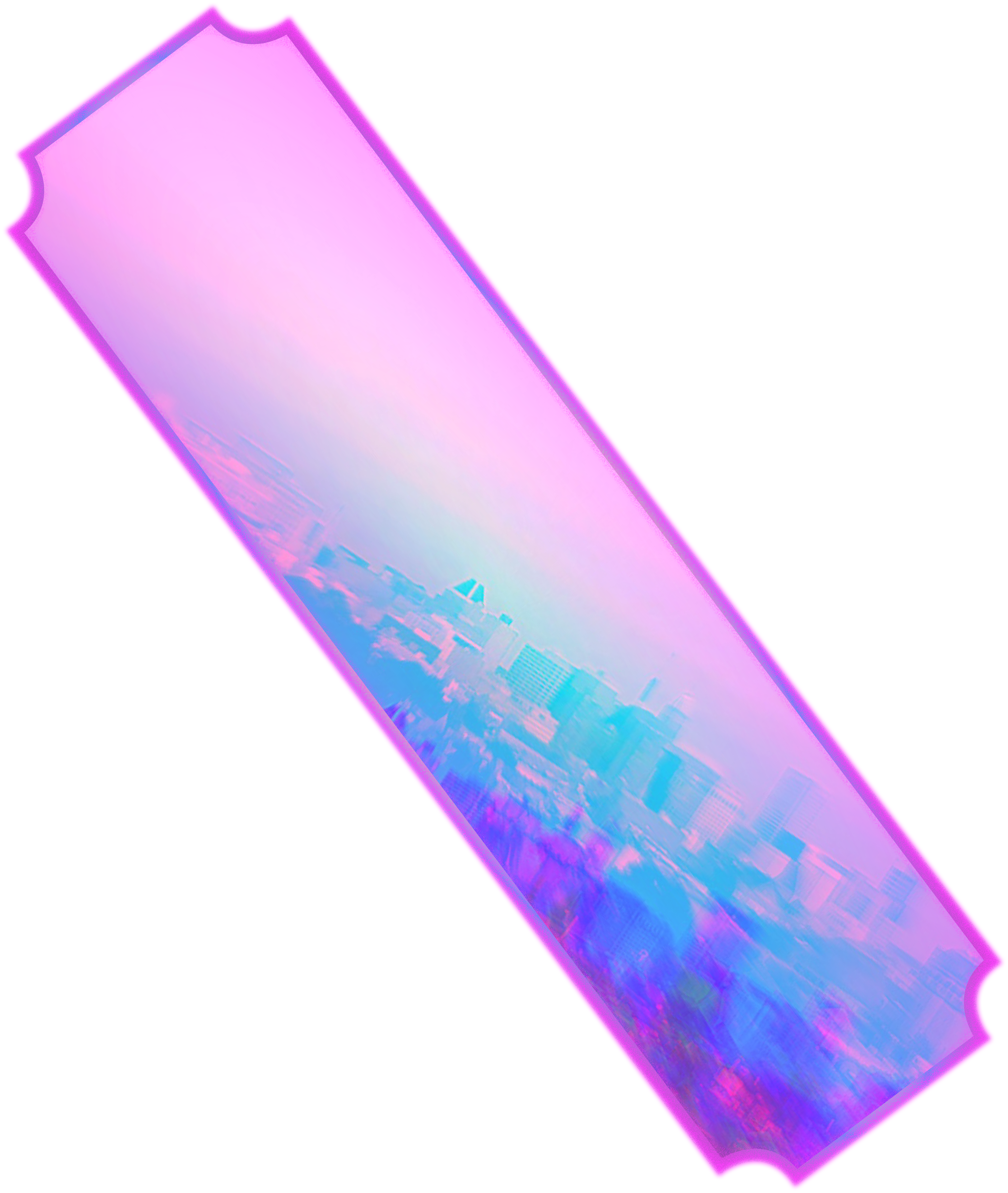 A vertically oriented ticket with a blue border and a gradient background featuring a distorted cityscape in blue and purple hues. Description generated by AI
