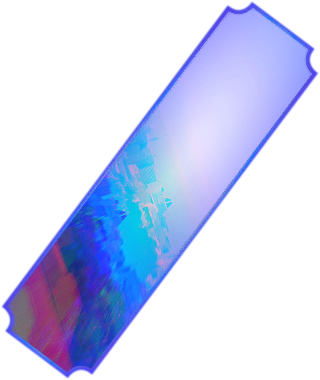 A vertically oriented, rectangular ticket with a blue border and a colorful, abstract cityscape design that appears upside down. Description generated by AI