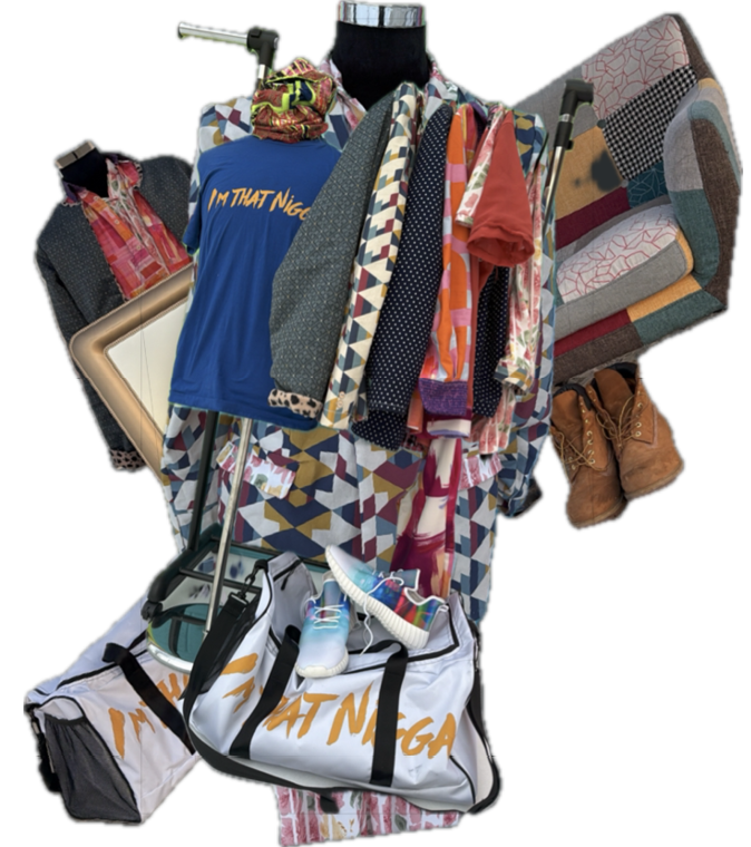 A cluttered arrangement of various clothing items, shoes, bags, a framed picture, and a patterned armchair all stacked and hanging on a mannequin stand. Description generated by AI