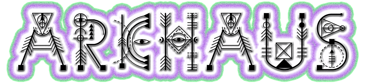 The word “ARCHAUS" is spelled out in stylized black and white letters decorated with intricate geometric and tribal-like patterns, each letter outlined with a glowing purple and green aura. Description generated by AI